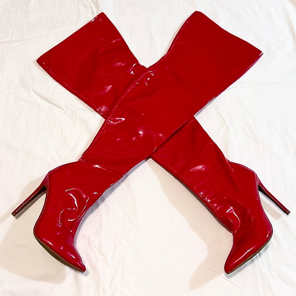 Ami Clubwear Red Knee High Stiletto Point Toe Boots